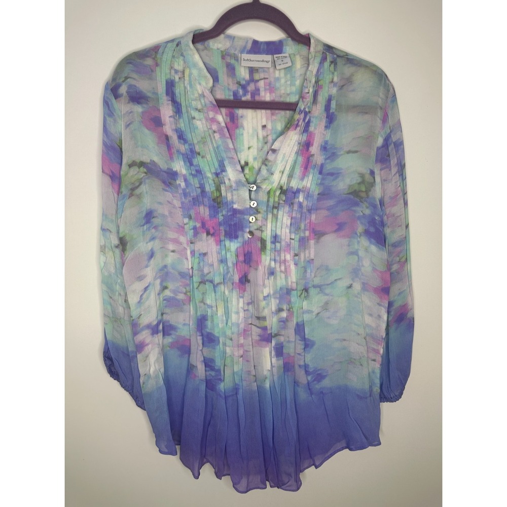 Soft Surroundings Sheer Watercolor Floral Ombre Pintuck Tunic Top Small *Flaw - Picture 2 of 13